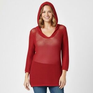 Sunday Red Crochet Knit Hooded Tunic Sweater Women's Plus Size 1X Beach Cover Up